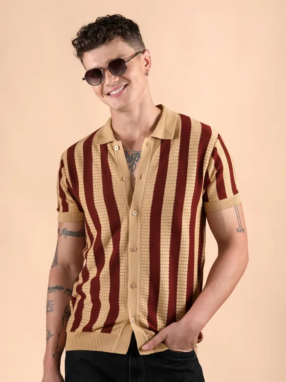 Maroon Striped Flat Knit Shirt